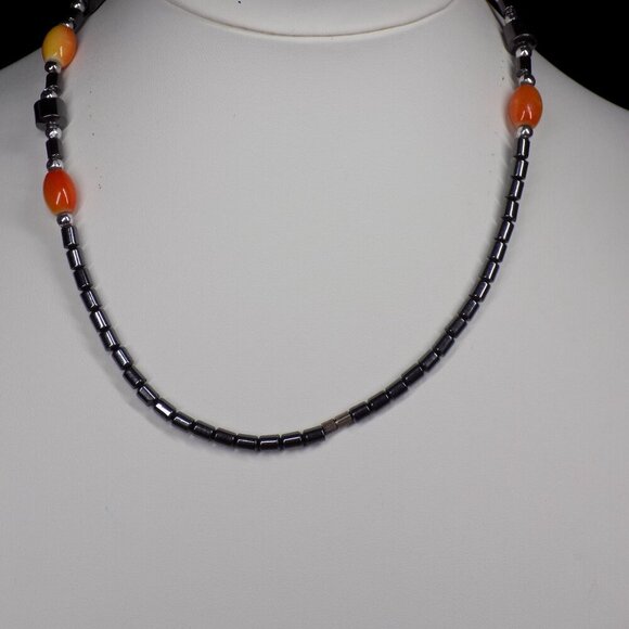 Vintage Hematite Necklace Orange Stones Barrel Clasp Matching Bracelet Set - Picture 4 of 7